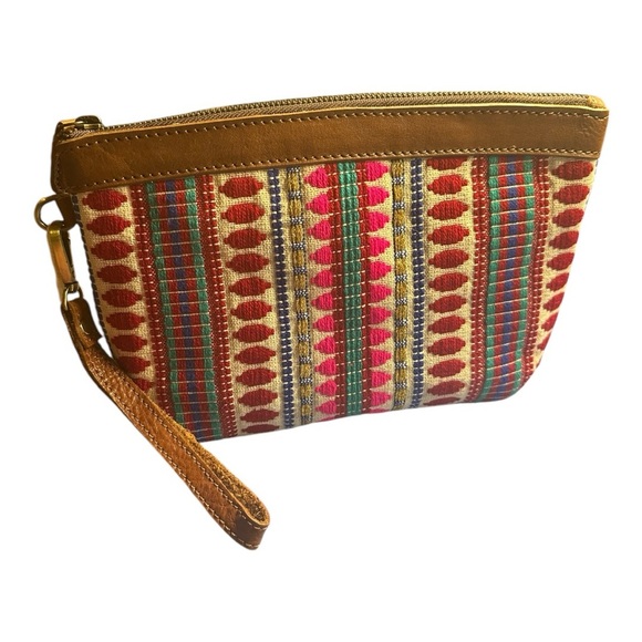 Carolina Jacquard & Leather Wristlet Clutch / Cosmetic Bag - Tan - Picture 4 of 6